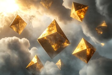 Poster - Golden tetrahedrons floating against a cloudy silver background, each casting a faint mirror shadow
