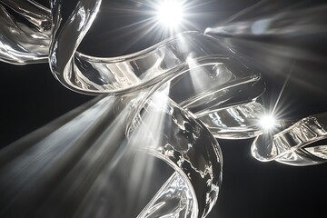 Poster - Liquid chrome ribbons twisting through the air, glowing under cool spotlight beams -
