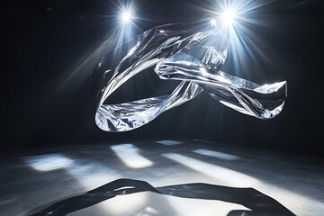 Poster - Liquid chrome ribbons twisting through the air, glowing under cool spotlight beams -