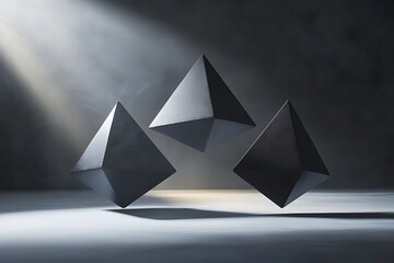 Poster - Matte black pyramids levitating under a soft spotlight, creating bold triangle shadows 