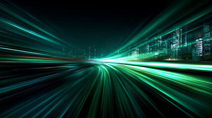 Poster - vector green light line with futuristic motion effect and abstract automobile blur, glowing trail and beam streak in city design, dynamic disco background for speed illustration and night.