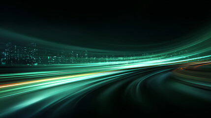 Poster - vector green light line with futuristic motion effect and abstract automobile blur, glowing trail and beam streak in city design, dynamic disco background for speed illustration and night.