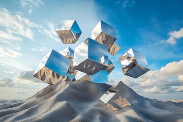 Poster - Mirrored cubes hovering in a circular pattern over a mountain of sand, reflecting the sky above -