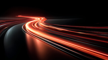 Poster - vector red light line with futuristic motion effect and abstract automobile blur, glowing trail and beam streak in city design, dynamic disco background for speed illustration and night road.