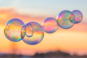 Poster - Oil bubbles levitating in a gradient sky, each one rippling with rainbow colors --