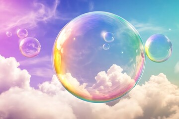 Poster - Oil bubbles levitating in a gradient sky, each one rippling with rainbow colors --