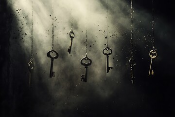 Poster - Old keys suspended mid-air in a dusty beam of light, slowly rotating with floating dust around 