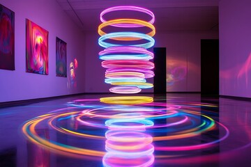 Poster - Stack of rotating neon rings suspended over a reflective floor, creating ripple-like light patterns 