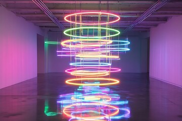 Poster - Stack of rotating neon rings suspended over a reflective floor, creating ripple-like light patterns 