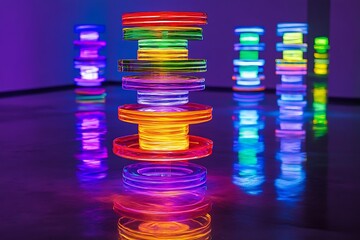 Poster - Stack of rotating neon rings suspended over a reflective floor, creating ripple-like light patterns 