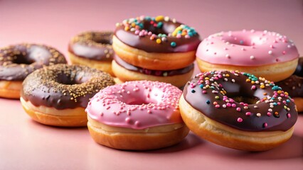 Fototapete - A delightful assortment of freshly baked donuts, featuring a variety of chocolate and pink icing, generously adorned with colorful sprinkles, arranged on a soft pink background.