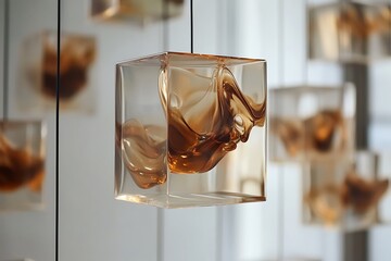 Poster - Transparent cubes filled with swirling liquid suspended mid-air, slowly rotating 