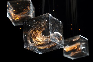 Poster - Transparent cubes filled with swirling liquid suspended mid-air, slowly rotating 