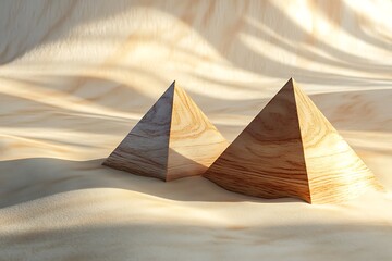 Poster - Wooden pyramids slowly rotating above a sandy surface, warm lighting creating soft overlapping shadows