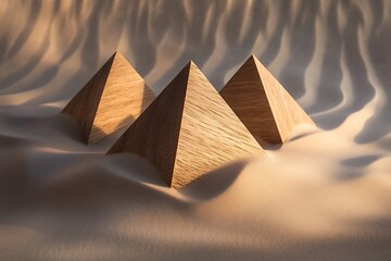 Poster - Wooden pyramids slowly rotating above a sandy surface, warm lighting creating soft overlapping shadows