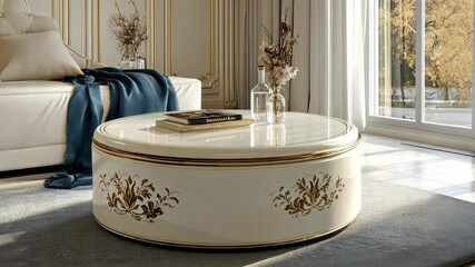 Poster - A cozy living room displays an elegant coffee table with floral details, surrounded by warm decor and bathed in soft natural light