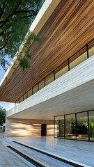 Poster - Exploring an innovative structure characterized by sleek lines and natural materials, blending harmoniously with its peaceful surroundings
