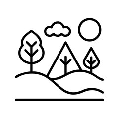 Poster - Outline landscape drawing with trees sun cloud and hills vector illustration icon design art, line