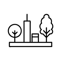 Poster - Cityscape outline vector illustration featuring modern architecture with trees and park design element