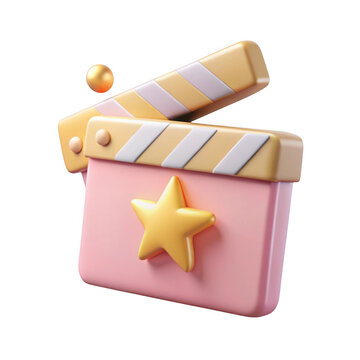 3d rendered pink clapperboard with golden star and orb isolated on transparent background