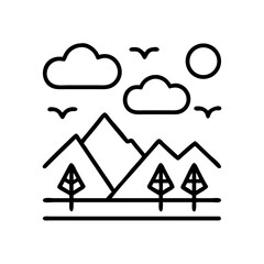 Poster - Minimalist mountain landscape with trees clouds and sun vector illustration design nature scene
