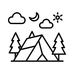 Poster - Camping adventure outdoors icon with tent trees sun moon and clouds vector illustration line art