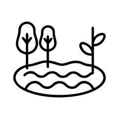 Poster - Outline drawing of a pond with trees and plants, simple nature landscape illustration vector art