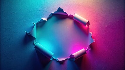 Poster - A vibrant circular hole torn in a textured surface, revealing a brightly lit background with a gradient of neon blue and pink hues