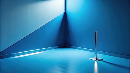 Poster - A minimalist interior scene featuring a single metallic post standing in a corner of a room with blue walls and flooring, illuminated by a subtle light source