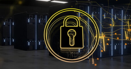 Poster - Displaying glowing yellow padlock icon within rings in server room with abstract network lines
