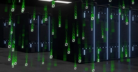 Poster - Illuminating central server racks streaming binary code in data center, with LED strips