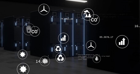 Poster - Showcasing three server cabinets with glowing blue LED lights, eco icons and code in data center