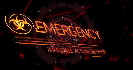 Aufkleber - Displaying glowing orange emergency alert with biohazard symbol on console, with floating sparks