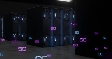Poster - Emitting blue lights on black server cabinets in data center, with floating 5G and 6G labels