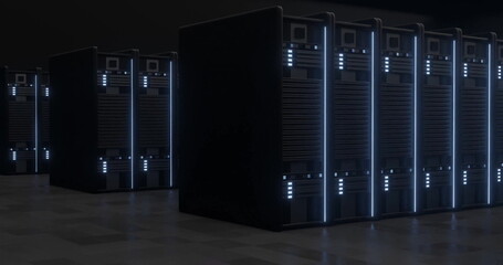 Poster - Illuminating black server rack standing left of center in server hall, with LED indicator panels