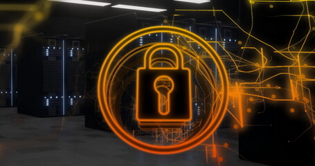 Poster - Showing orange padlock icon with overlay hovering in data center corridor, with black server racks