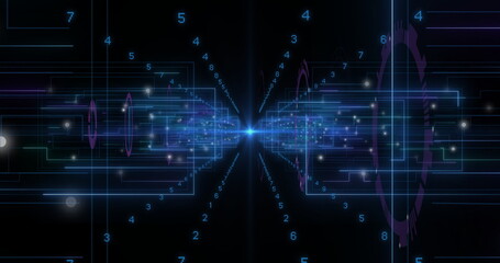 Poster - Pulsing glowing blue hub sending neon-blue circuit lines into digital void, with numeric data nodes