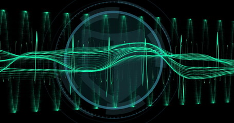 Poster - Displaying abstract neon green waveform undulating on data screen, with dotted line and HUD rings