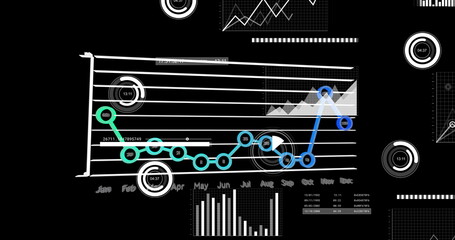 Poster - Displaying teal and blue line chart showing monthly data on dashboard screen, with gauge indicators