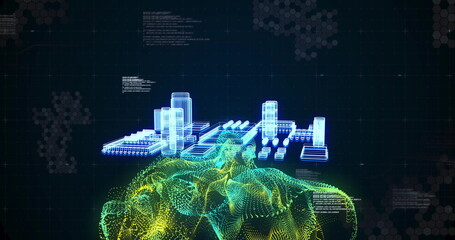 Aufkleber - Hovering neon holographic city model above point cloud mesh in virtual space, with hex grid, code