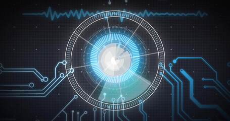 Fototapete - Glowing blue UI spinning over dark grid, radial ticks, bars, circuit nodes, traces, cyan waveform