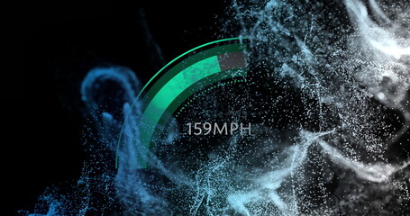 Poster - Displaying semi-circular green gauge showing 159 MPH speed in dark void, with digital particles