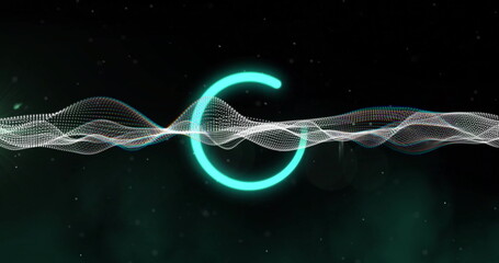 Poster - Showing neon teal arc crossing white dotted wave ribbon in digital space with particle specks