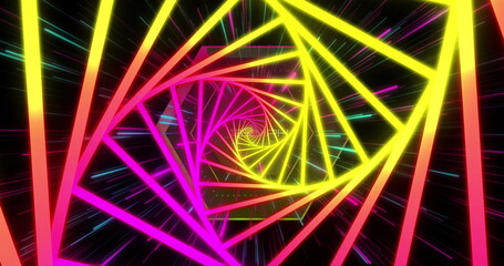 Poster - Spiraling neon square frames receding into virtual tunnel space, with multicolored motion streaks