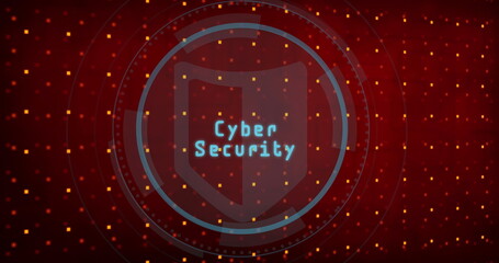 Poster - Translucent shield icon showing Cyber Security text in dashboard, with glowing squares and circles