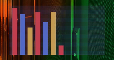 Poster - Seven colored bars illustrating trends in data chart panel on dashboard, copy space