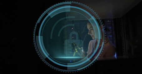 Poster - Holding keys, IT tech unlocking server racks at data center, with holographic interface and LEDs