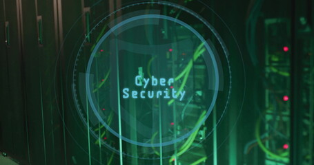 Poster - HUD overlay featuring Cyber Security hovering in server room aisle with network cables and LEDs