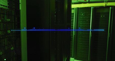 Poster - Bathing server room in green LED glow, showcasing rack cabinets with mesh cage, vents and waveform