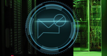 Fototapete - Displaying holographic overlay monitoring server rack room, with network cables and envelope icon